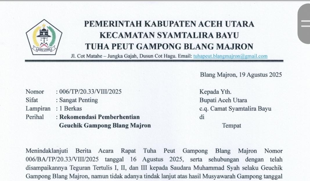 Foto: Surat Tuha Peuet Rekomendasi Pemberhentian Geuchik Blang Majron