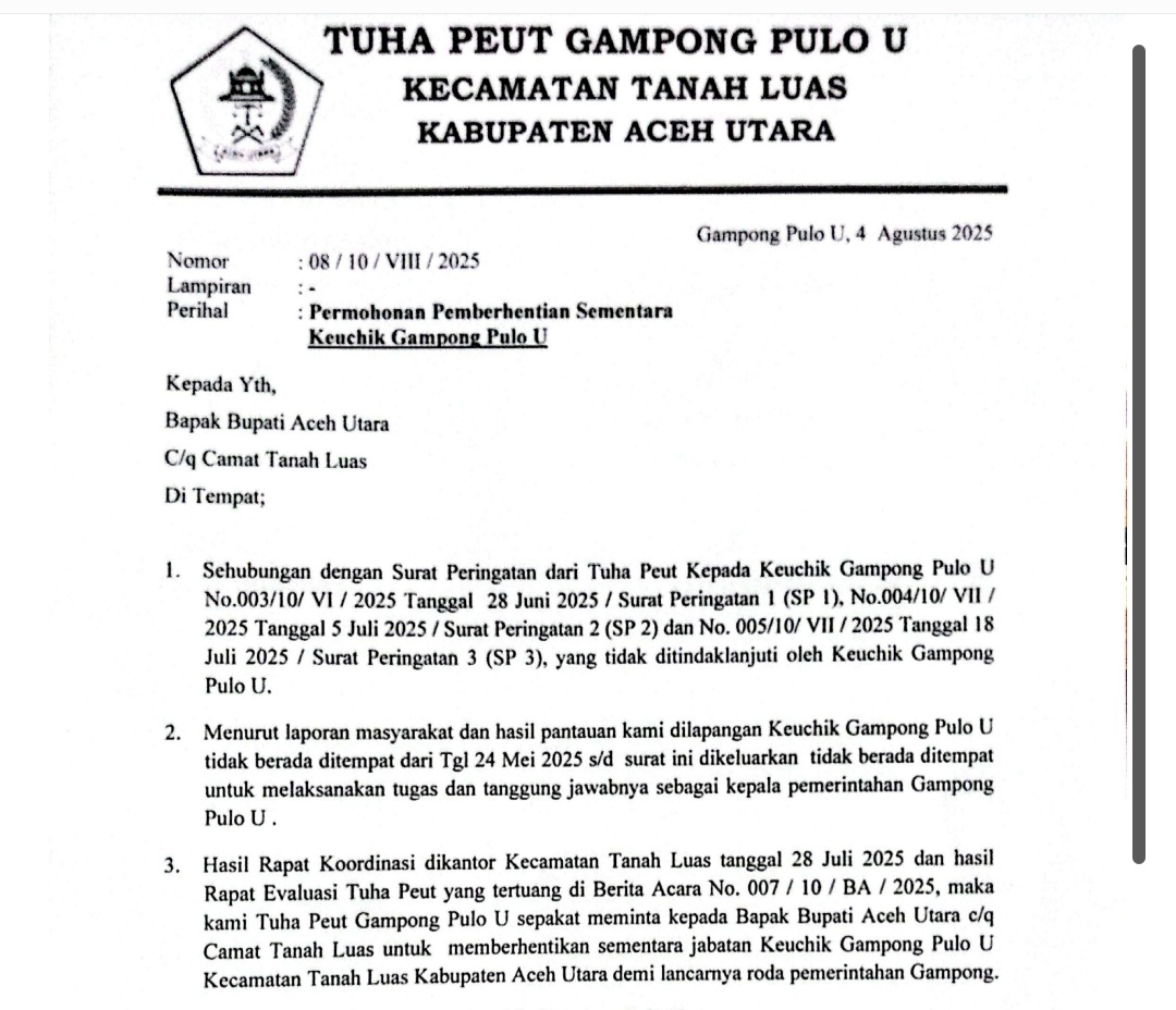 Foto: Surat Tuha Peuet Pemberhentian Sementara